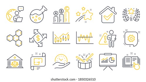 Set Of Education Icons, Such As Chemistry Lab, Drums, Financial Diagram Symbols. Cogwheel, Ranking, Architectural Plan Signs. Chemical Formula, Safe Time, Payment Exchange. Graph Chart. Vector