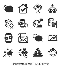 Set of Education icons, such as Chemistry lab, Sales diagram, Messenger symbols. Victory, Passport document, Fast recovery signs. Phone survey, Best result, Mail newsletter. Messenger mail. Vector