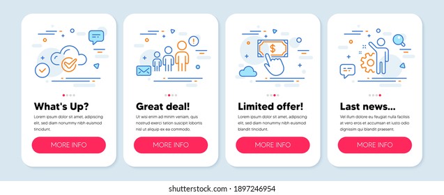Set of Education icons, such as Cloud computing, Business hierarchy, Payment click symbols. Mobile screen mockup banners. Employee line icons. Vector
