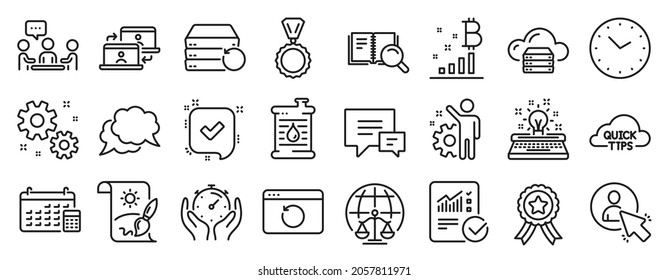 Set of Education icons, such as Cloud server, Search book, Timer icons. Outsource work, Employee, Time signs. Recovery server, Magistrates court, Creative painting. Medal, Bitcoin graph. Vector