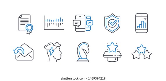 Set of Education icons, such as Column diagram, Smartphone sms, Send mail, Confirmed, Certificate, Marketing strategy, Graph phone, Mindfulness stress, Winner podium, Ranking stars. Vector