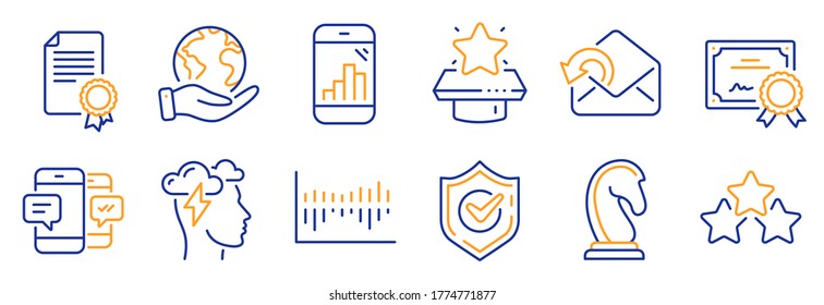 Juego de iconos de Educación, como el diagrama de columnas, Sms de Smartphone. Certificado, salva el planeta. Enviar correo, confirmado, certificado. Estrategia de marketing, teléfono Graph, estrés por conciencia. Vector