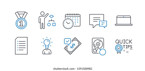 Set of Education icons, such as Education, Comment, Recovery hdd, Document, Laptop, Calendar time, Accepted payment, Algorithm, Best rank, Quick tips line icons. Human idea, Talk bubbles. Vector