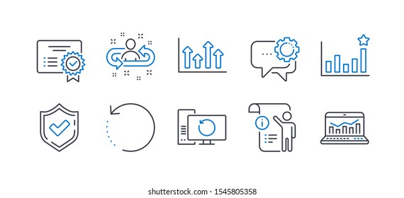 Set of Education icons, such as Confirmed, Manual doc, Recovery computer, Recovery data, Efficacy, Recruitment, Employees messenger, Certificate, Upper arrows, Web analytics line icons. Vector