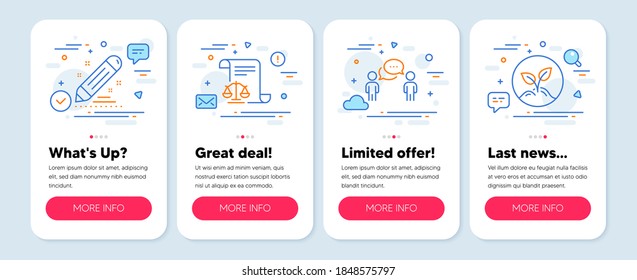 Set of Education icons, such as Consulting business, Brand contract, Legal documents symbols. Mobile screen banners. Startup line icons. Team meeting, Edit report, Justice scale. Vector