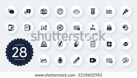 Set of Education icons, such as Copy documents, Brush and Phone communication flat icons. Air fan, Typewriter, Group web elements. Video camera, Creative design, Time management signs. Vector
