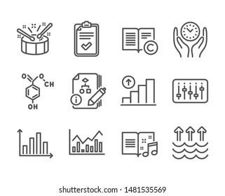 Set of Education icons, such as Copyright, Graph chart, Checklist, Safe time, Music book, Drums, Chemical formula, Dj controller, Infochart, Evaporation, Algorithm, Diagram graph. Vector