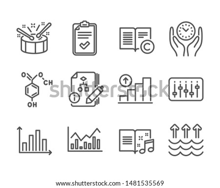 Set of Education icons, such as Copyright, Graph chart, Checklist, Safe time, Music book, Drums, Chemical formula, Dj controller, Infochart, Evaporation, Algorithm, Diagram graph. Vector