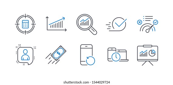 Set of Education icons, such as Data analysis, Chart, Calculator target, Correct answer, Recovery phone, Time management, Fast payment, Checkbox, Developers chat, Presentation line icons. Vector