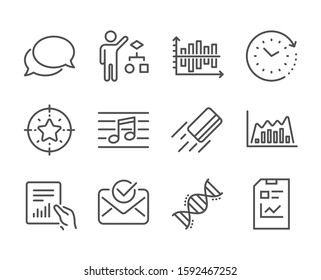 Set of Education icons, such as Document, Musical note, Report document, Credit card, Approved mail, Star target, Messenger, Time change, Diagram chart, Infographic graph, Chemistry dna. Vector