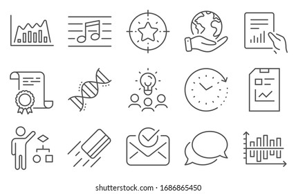 Set of Education icons, such as Document, Musical note. Diploma, ideas, save planet. Report document, Credit card, Approved mail. Star target, Messenger, Time change. Vector