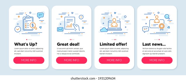 Set of Education icons, such as Document, Best manager, Accounting report symbols. Mobile screen mockup banners. Certificate line icons. File with diagram, Best developer, Check finance. Vector