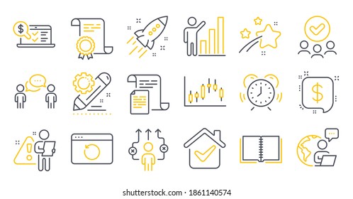 Set of Education icons, such as Documents, Consulting business, Candlestick graph symbols. Book, Payment message, Startup rocket signs. Recovery internet, Business way, Project edit. Vector