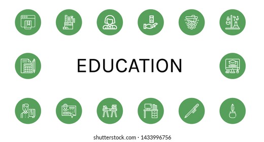 Set of education icons such as Ebook, Stationery, Scientist, Knowledge, Mortarboard, Test tube, Student, Guide, Desk, Pen, Quill, Calculator , education