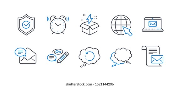 Set of Education icons, such as E-mail, Approved shield, Alarm clock, Recovery data, Creative idea, Speech bubble, Keywords, Internet, New mail, Mail letter line icons. Line e-mail icon. Vector