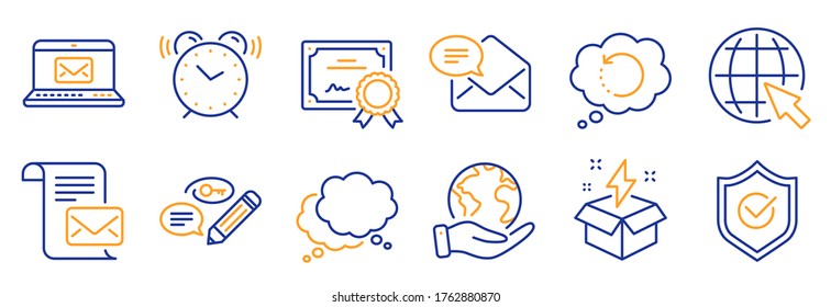 Set of Education icons, such as E-mail, Approved shield. Certificate, save planet. Alarm clock, Recovery data, Creative idea. Speech bubble, Keywords, Internet. Vector