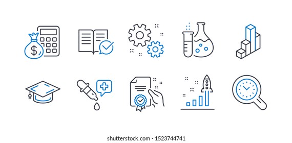 Set of Education icons, such as Finance calculator, 3d chart, Certificate, Development plan, Chemistry flask, Chemistry pipette, Graduation cap, Work, Approved documentation line icons. Vector