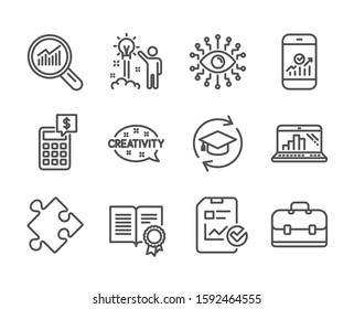 Set of Education icons, such as Graph laptop, Data analysis, Smartphone statistics, Artificial intelligence, Creativity, Portfolio, Calculator, Strategy, Continuing education, Diploma. Vector