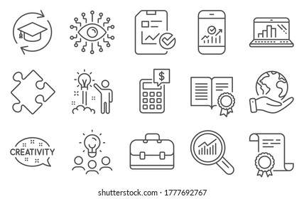 Set of Education icons, such as Graph laptop, Data analysis. Diploma, ideas, save planet. Smartphone statistics, Artificial intelligence, Creativity. Portfolio, Calculator, Strategy. Vector