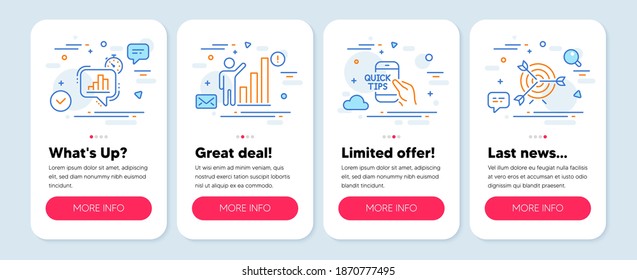 Set of Education icons, such as Graph chart, Education, Statistics timer symbols. Mobile screen mockup banners. Target line icons. Growth report, Quick tips, Growth chart. Targeting. Vector