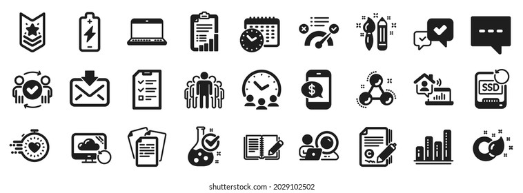 Set of Education icons, such as Graph chart, Blog, Interview icons. Work home, Chemistry molecule, Feedback signs. Approve, Video conference, Meeting time. Timer, Checklist, Group. Vector