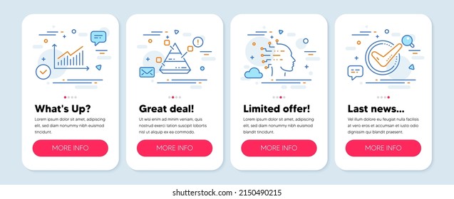 Set of Education icons, such as Graph, Pyramid chart, Artificial intelligence symbols. Mobile app mockup banners. Confirmed line icons. Presentation diagram, Report analysis, Mind intellect. Vector