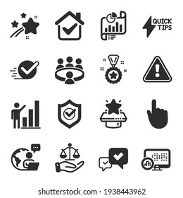 Set of Education icons, such as Hand click, Report document, Winner reward symbols. Vector