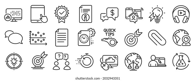 Set of Education icons, such as Headphones, Target, Fast recovery icons. Payment received, Video conference, Idea signs. Magistrates court, Online education, Project deadline. Dot plot. Vector