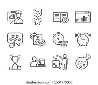 Set of Education icons, such as Help, Technical algorithm, Winner podium, Marketing statistics, Online education, Strategy, Alarm clock, Ranking star, Winner medal, Quick tips line icons. Vector