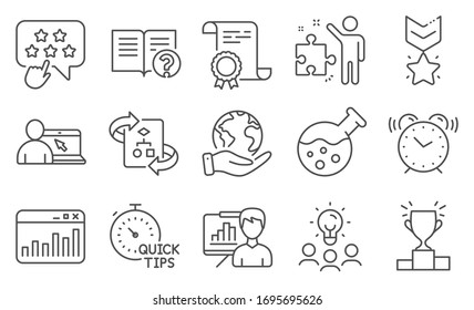 Iconos de conjunto de educación, como Ayuda, algoritmo técnico. Diploma, ideas, salva el planeta. Podio ganador, estadísticas de marketing, educación en línea. Estrategia, reloj de alarma, estrella de ranking. Vector