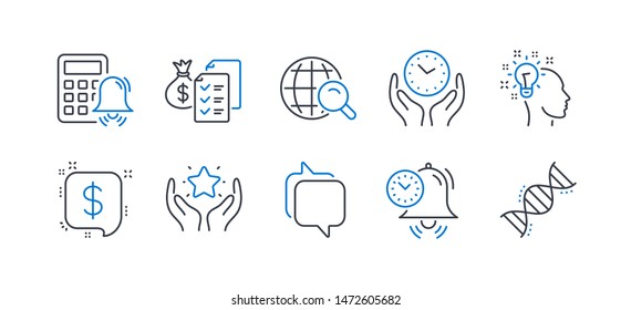 Set of Education icons, such as Idea, Payment message, Accounting wealth, Ranking, Safe time, Time management, Internet search, Messenger, Calculator alarm, Chemistry dna line icons. Vector