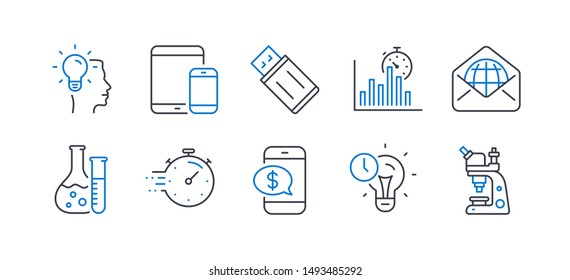 Set of Education icons, such as Idea, Usb flash, Time management, Chemistry lab, Timer, Phone payment, Report timer, Mobile devices, Web mail, Microscope line icons. Line idea icon. Vector