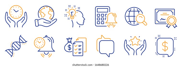 Set of Education icons, such as Idea, Payment message. Certificate, save planet. Accounting wealth, Ranking, Safe time. Time management, Internet search, Messenger. Vector