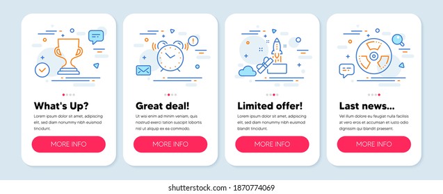 Set of Education icons, such as Innovation, Alarm clock, Award cup symbols. Mobile app mockup banners. Chemical hazard line icons. Crowdfunding, Time, Trophy. Toxic. Innovation icons. Vector