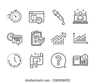 Set of Education icons, such as Instruction info, Chemistry pipette, Quick tips, Architectural plan, Best manager, Time, Project deadline, Graph, Survey checklist, Question mark, Timer. Vector