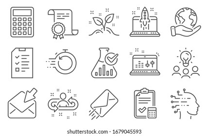 Iconos de conjunto de educación, como Entrevista, Recuperación rápida. Diploma, ideas, salva el planeta. Inteligencia artificial, Lista de comprobación contable, Concepto de inicio. Laboratorio de Química, Empieza negocios, Correo abierto. Vector