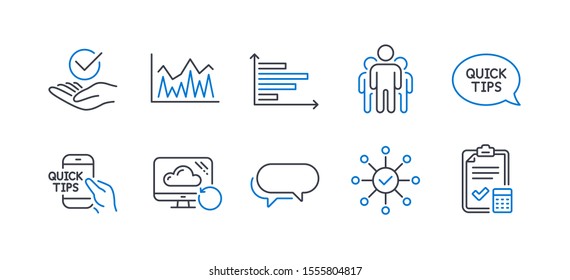 Set of Education icons, such as Investment, Quickstart guide, Group, Horizontal chart, Recovery cloud, Approved, Messenger, Survey check, Education, Accounting checklist line icons. Vector