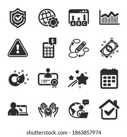 Set of Education icons, such as Keywords, Safe time, Online education symbols. Certificate, Calculator, Survey results signs. Payment, Paint brush, Globe. Confirmed, Money diagram. Vector