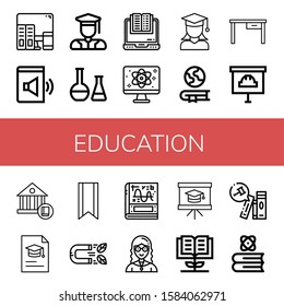 Set of education icons. Such as Learning, Audio book, Graduated, Chemical, Ebook, Quantum, Graduate, Geography, Desk, Presentation, School, Degree, Bookmark , education icons