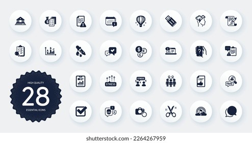 Set of Education icons, such as Lgbt, Approved document and Group people flat icons. Online documentation, Court building, Checkbox web elements. Ask question, Air balloon. Circle buttons. Vector