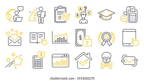 Set of Education icons, such as Marketing statistics, Tablet pc, Winner ribbon symbols. Infographic graph, Calculator, Graduation cap signs. Survey checklist, Private payment, Quiz test. Vector
