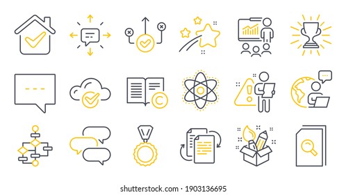 Set of Education icons, such as Medal, Cloud computing, Sms symbols. Block diagram, Presentation, Bureaucracy signs. Correct way, Copyright, Talk bubble. Search files, Trophy, Blog. Vector