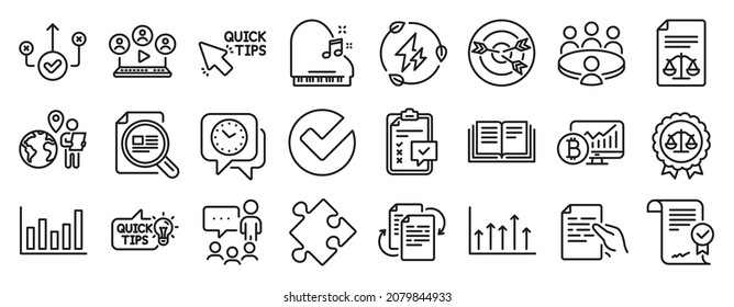 Set of Education icons, such as Meeting, Column chart, Justice scales icons. Legal documents, Green electricity, Correct way signs. Video conference, Outsource work, Approved agreement. Vector