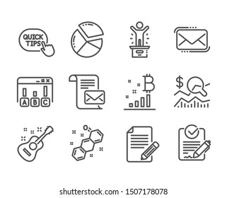 Set of Education icons, such as Messenger mail, Mail letter, Article, Bitcoin graph, Survey results, Rfp, Quick tips, Chemical formula, Check investment, Guitar, Winner podium, Pie chart. Vector