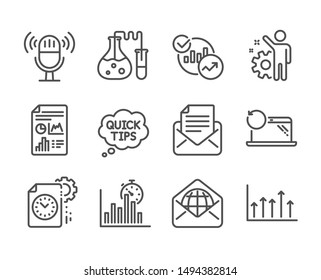 Set of Education icons, such as Microphone, Growth chart, Report document, Project deadline, Statistics, Recovery laptop, Employee, Report timer, Mail correspondence, Web mail, Quick tips. Vector