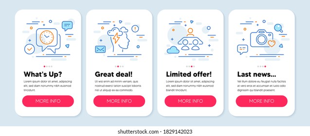 Set of Education icons, such as Mindfulness stress, Clock, Interview job symbols. Mobile app mockup banners. Photo camera line icons. Cloud storm, Time, Consulting. Love photos. Vector