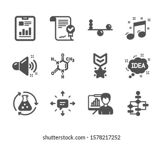 Set of Education icons, such as Musical note, Idea, Chemistry experiment, Approved agreement, Presentation board, Balance, Loud sound, Block diagram, Report document, Chemical formula, Sms. Vector