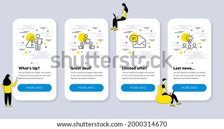 Set of Education icons, such as New mail, Search employee, Teamwork icons. UI phone app screens with people. Business idea line symbols. Received e-mail, Interview risk, Remote work. Vector