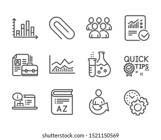 Set of Education icons, such as Online documentation, Paper clip, Vocabulary, Trade infochart, Chemistry flask, Time management, Group, Vacancy, Quick tips, Checked calculation, Share. Vector