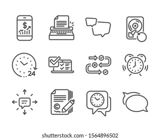 Set of Education icons, such as Online survey, Sms, Mobile finance, 24 hours, Recovery hdd, Typewriter, Copywriting, Speech bubble, Clock, Talk bubble, Time management, Survey progress. Vector